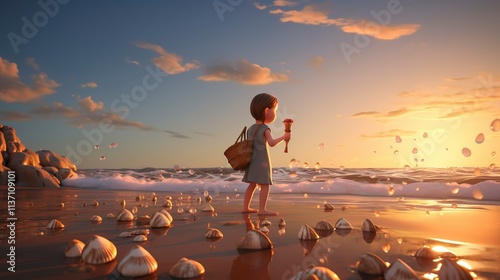 Child at sunset beach exploring illuminated seashells on the shore with rocks