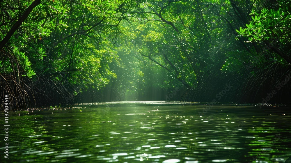 Obraz premium Lush green mangrove forest with calm water reflecting sunlight.