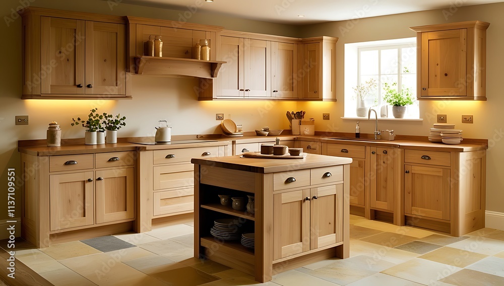 Rustic Light Wood Kitchen Design with Island and Wall Cabinets, Elegant Interior Home Decor Rustic Light Wood Kitchen Design with Island and Wall Cabinets, Elegant Interior Home Decor