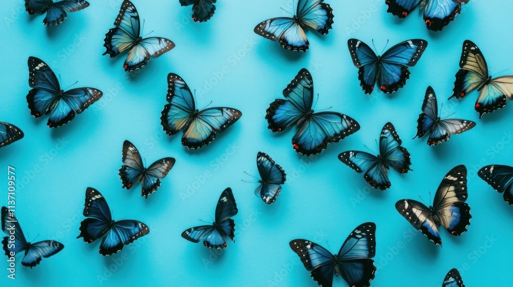 Fototapeta premium Blue Morpho Butterflies on Teal Background: A Serene Pattern