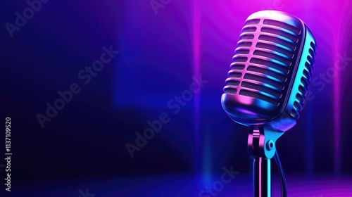 Vintage Style Microphone with Colorful Lighting in a Modern Setting Ideal for Music, Performance, and Podcast Themes, Captivating Atmosphere for Creative Projects