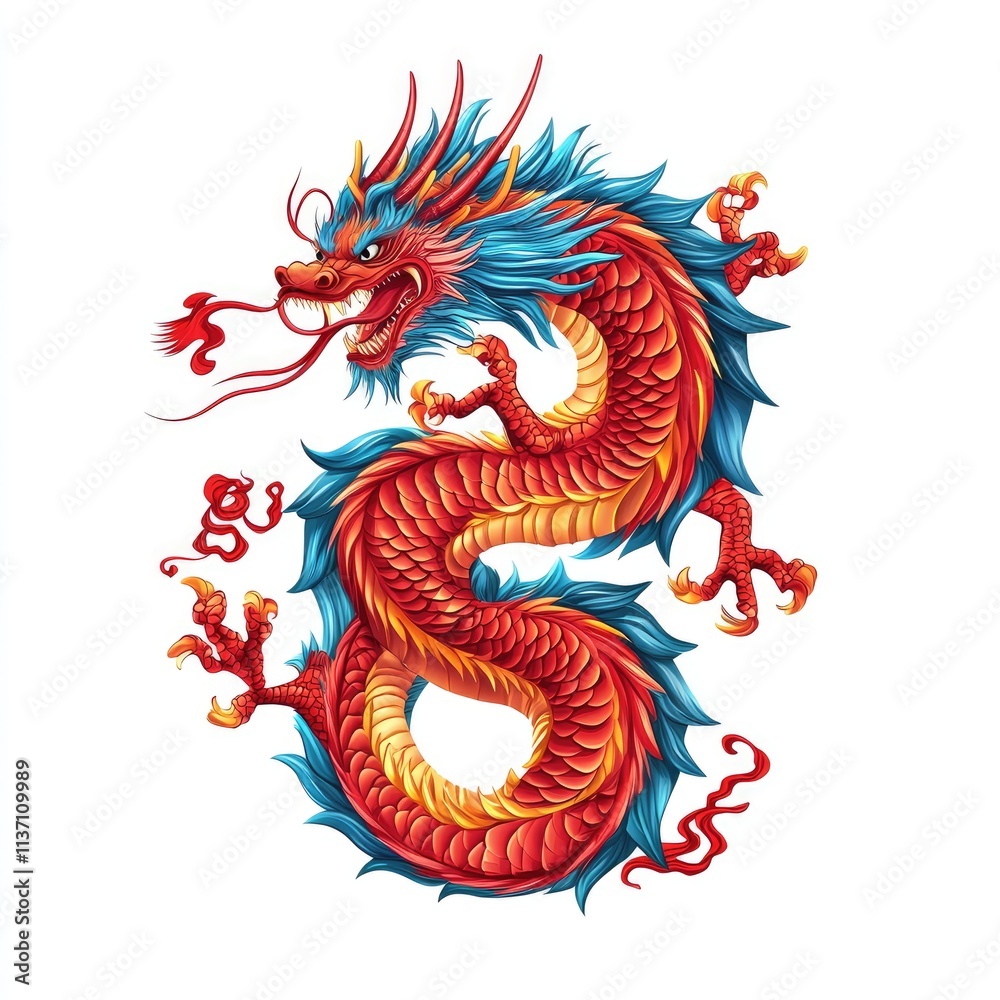 Majestic Red Dragon with Colorful Scales and Fiery Expression in a Dynamic S Shape, Symbolizing Strength, Power, and Mythical Significance in a Vibrant Artistic Style Majestic Red Dragon with Colorful Scales and Fiery Expression in a Dynamic S Shape, Symbolizing Strength, Power, and Mythical Significance in a Vibrant Artistic Style
