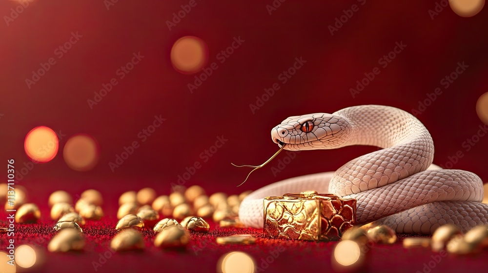 Elegant white snake poised on a bed of shiny gold coins, exuding an aura of mystery and luxury against a vibrant red background, creating a striking and captivating festive scene. Elegant white snake poised on a bed of shiny gold coins, exuding an aura of mystery and luxury against a vibrant red background, creating a striking and captivating festive scene.