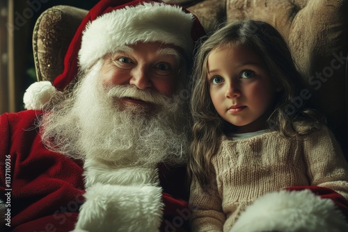 Cheerful festive time season, Ñute child girl enjoyment with santa claus. Christmas ad concept visual design graphic for banner and social networks use. Christmas discounts ads. Xmas photo ad. photo