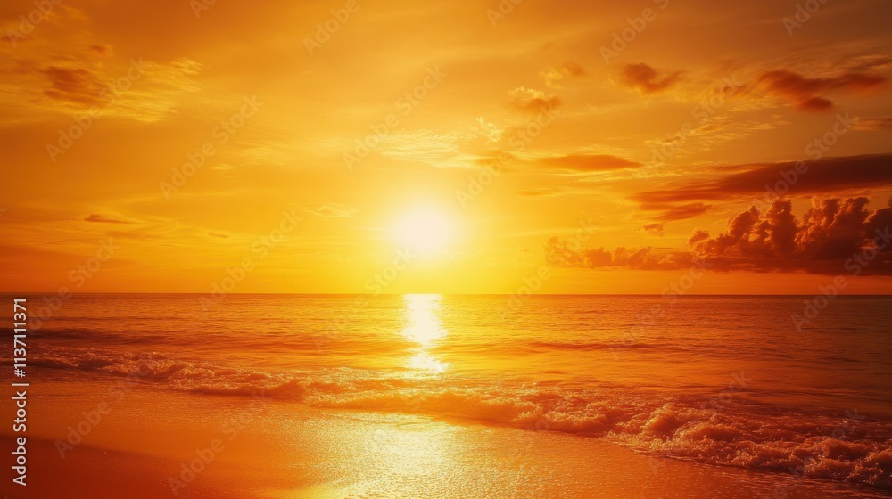 Obraz premium The sun is setting over the ocean, casting a warm glow over the water