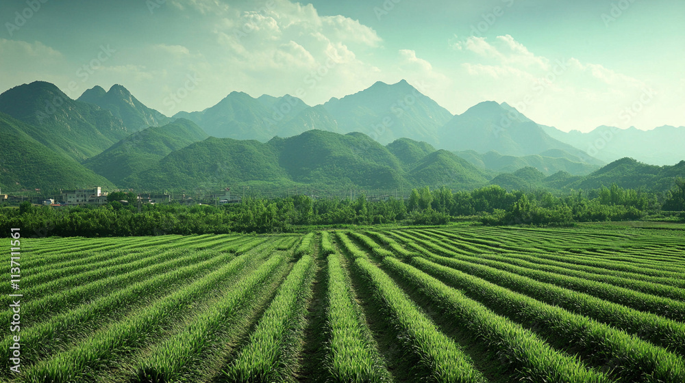 Expansive Green Landscape with Rolling Hills and Lush Fields Under a Clear Sky with Majestic Mountain Range in the Background Expansive Green Landscape with Rolling Hills and Lush Fields Under a Clear Sky with Majestic Mountain Range in the Background