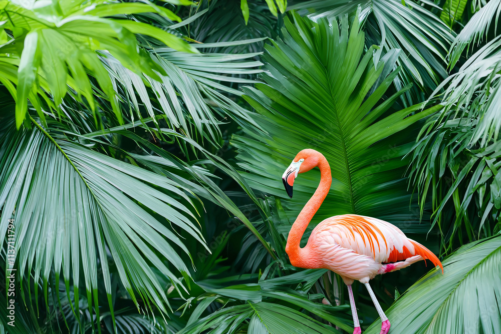 Fototapeta premium tropical forest wallpaper with flamingo