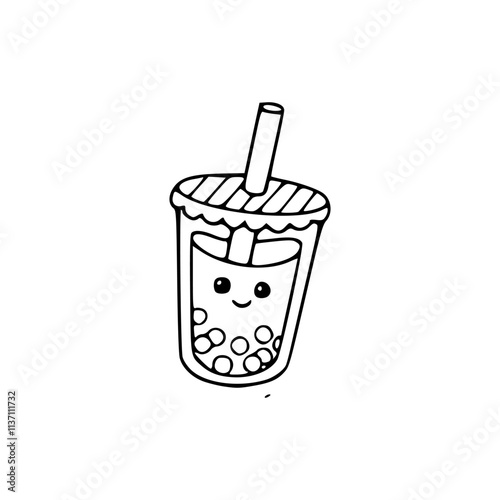 a black and white drawing of a boba tea icon with face