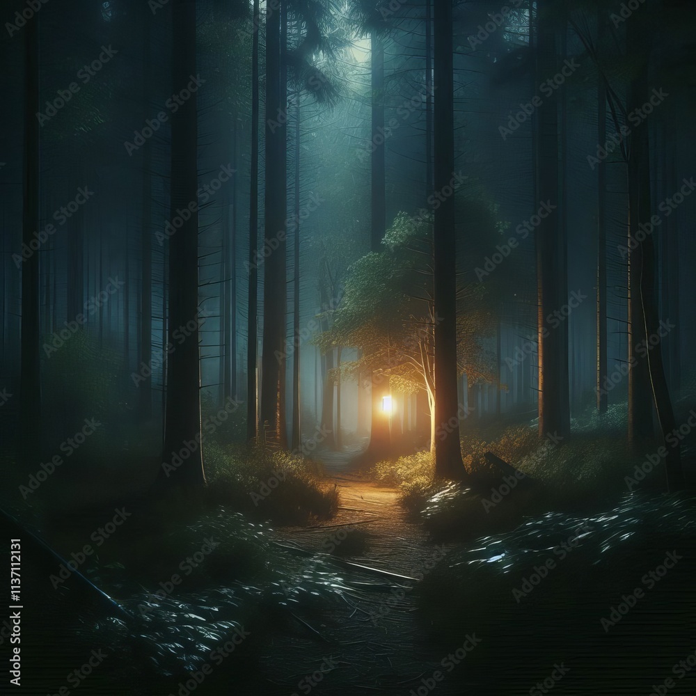Fototapeta premium A mysterious cabin is softly lit in the middle of a dark, foggy forest. Surrounded by towering trees, the glowing light creates an eerie and captivating atmosphere, evoking adventure and solitude.. AI
