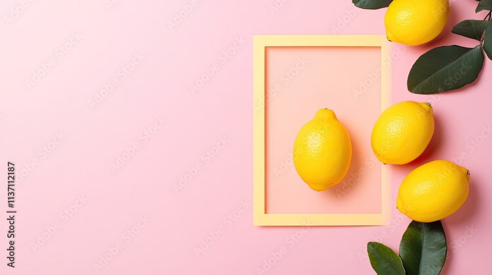 Fresh and Juicy Lemons Arranged on a Soft Pink Background with a Yellow Frame and Green Leaves for a Bright, Vibrant Summer Aesthetic in Food Photography Fresh and Juicy Lemons Arranged on a Soft Pink Background with a Yellow Frame and Green Leaves for a Bright, Vibrant Summer Aesthetic in Food Photography