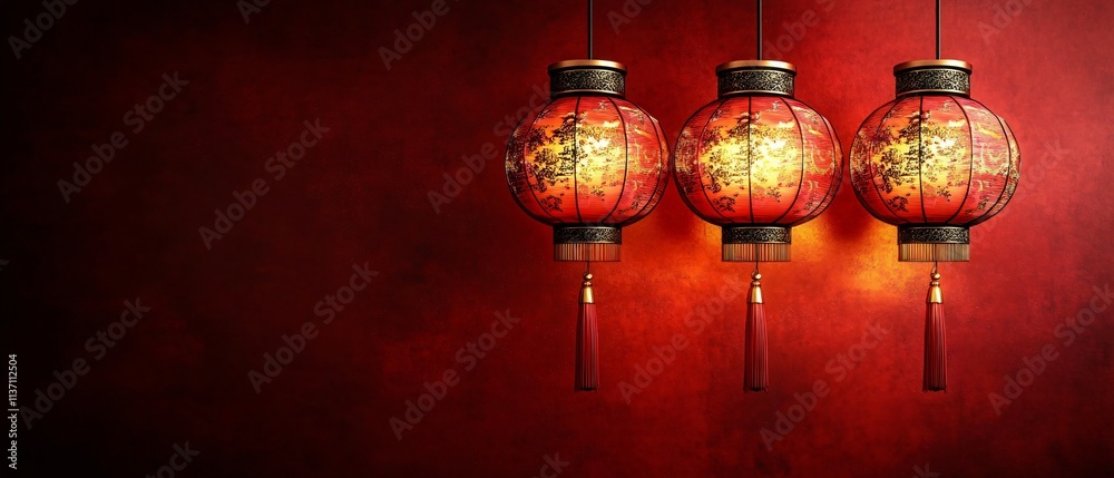Three ornate red lanterns with intricate gold patterns create a festive atmosphere, perfect for Chinese New Year celebrations, cultural events, or home decor. Three ornate red lanterns with intricate gold patterns create a festive atmosphere, perfect for Chinese New Year celebrations, cultural events, or home decor.