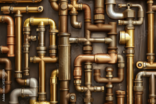 A piping system made of brass pipes on a flat abstract background...