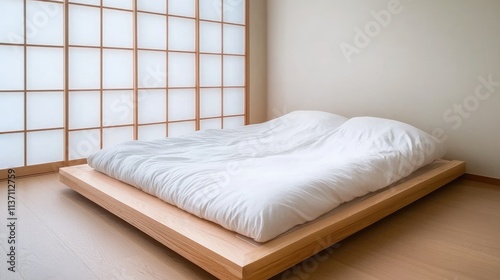 Minimalist Bedroom with Futon on Low Wooden Platform Surrounded by Natural Light and Japanese-Inspired Shoji Screens  Embracing Tranquility and Simplicity