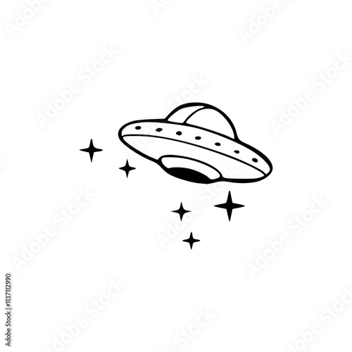 a line art drawing of a ufo icon flying in the sky