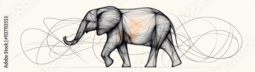 Artistic Line Drawing of an Elephant with Abstract Swirls, Perfect for Nature and Wildlife Themes in Graphic Design Projects