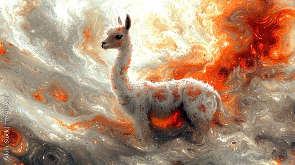 Naklejka premium This captivating scene features a llama standing proudly against a backdrop of swirling colors, resembling a vibrant sunset in the desert