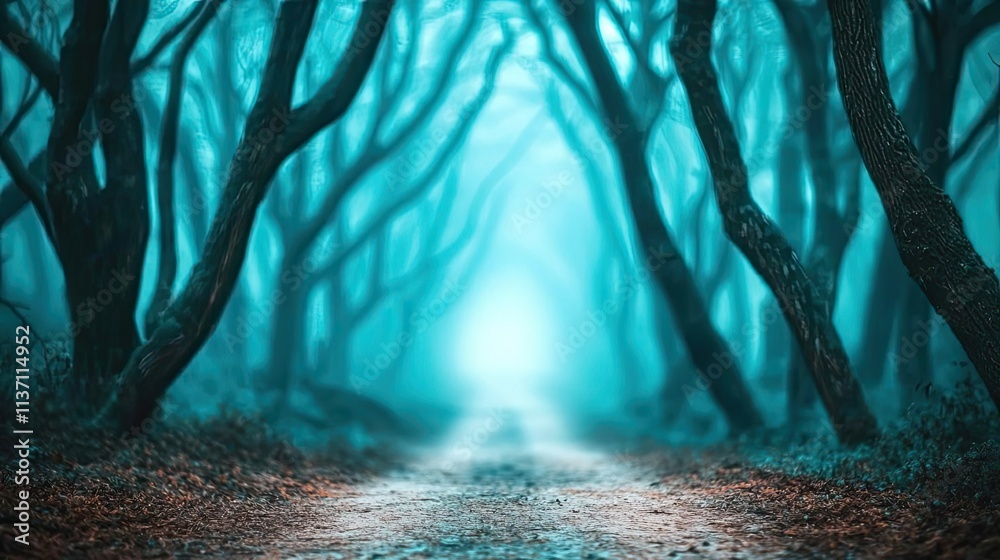 Naklejka premium Mysterious fog idea. Mysterious foggy forest path surrounded by dark trees and ethereal blue light.