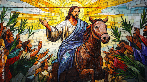 A painting of Jesus riding a horse with a crowd of people around him