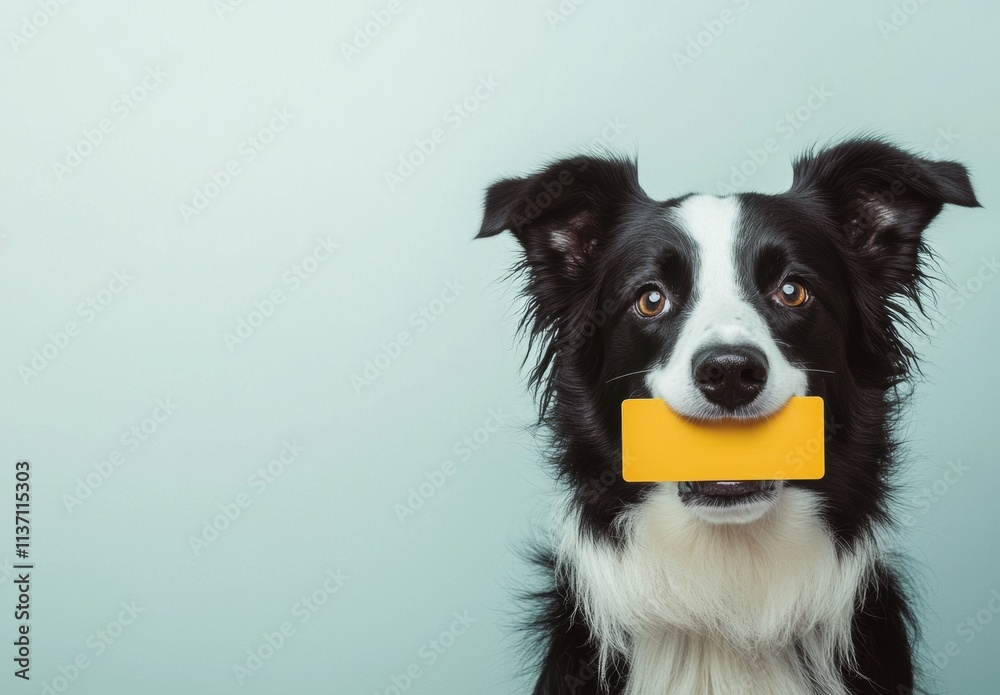 Playful Border Collie Holding Yellow Card in Front of Light Background Playful Border Collie Holding Yellow Card in Front of Light Background