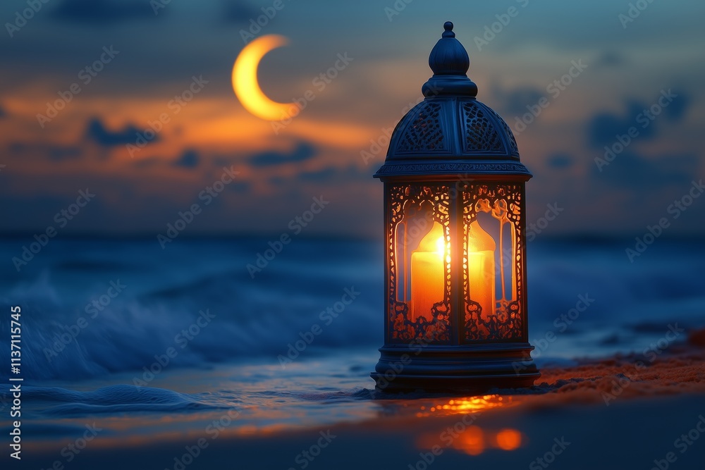 Ramadan greeting poster image, Beautiful lantern lamp on the beach with crescent moon on the night sky, 2025 Ramadan Kareem and Eid Mubarak Ramadan greeting poster image, Beautiful lantern lamp on the beach with crescent moon on the night sky, 2025 Ramadan Kareem and Eid Mubarak