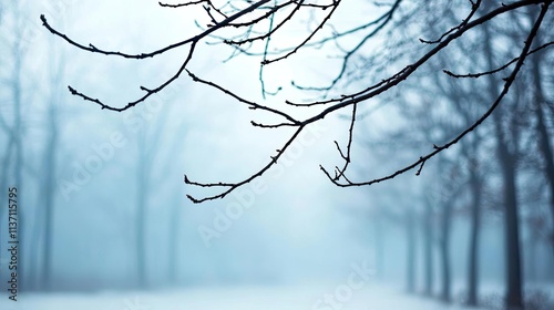 Mysterious fog idea. Foggy winter morning with bare branches and soft light creating a serene atmosphere.