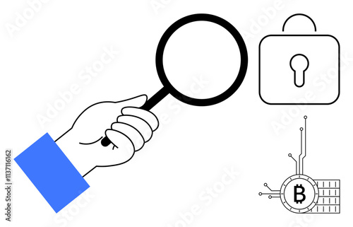 A hand holds a magnifying glass examining a digital security lock and Bitcoin symbol. Ideal for themes related to cryptocurrency blockchain digital security data privacy and online transactions photo