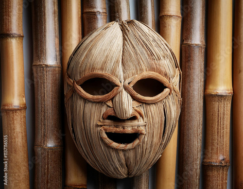 A traditional wooden tiki mask with oval eyes and an open-mouthed expression is displayed against a bamboo background. photo