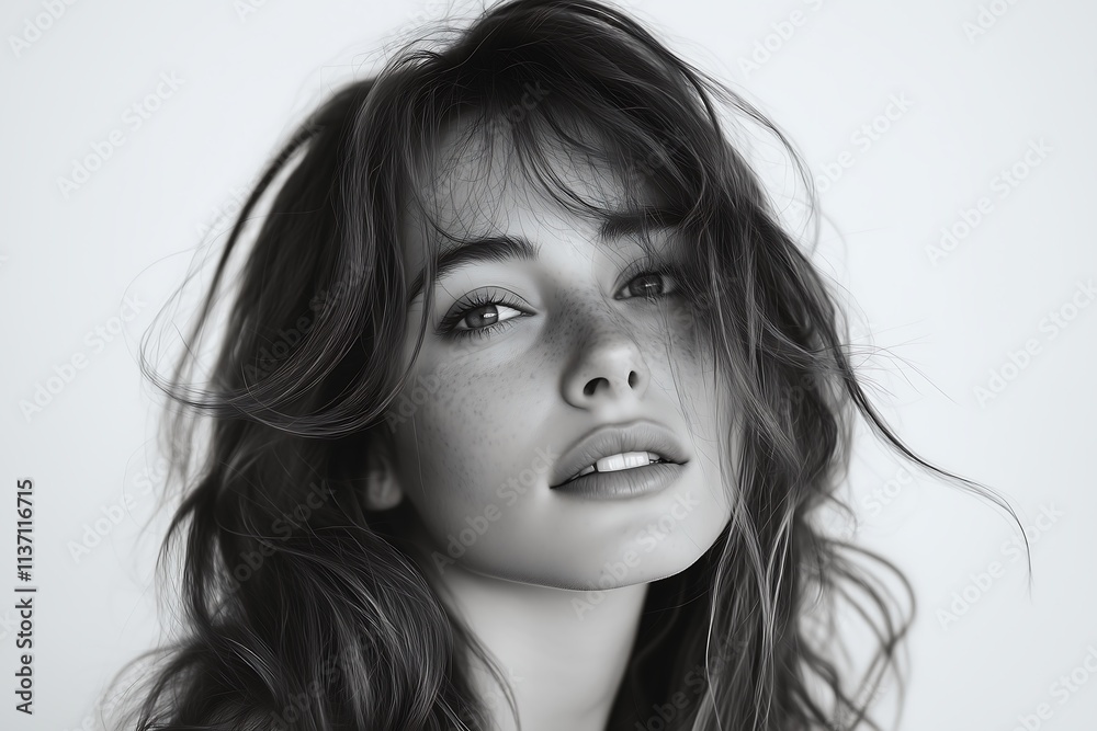 Confident and alluring young woman with freckles in a striking black and white portrait Confident and alluring young woman with freckles in a striking black and white portrait