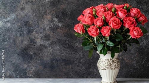 Wallpaper Mural Valentine rose idea. Beautiful bouquet of pink roses in a vintage vase against a dark textured background. Torontodigital.ca