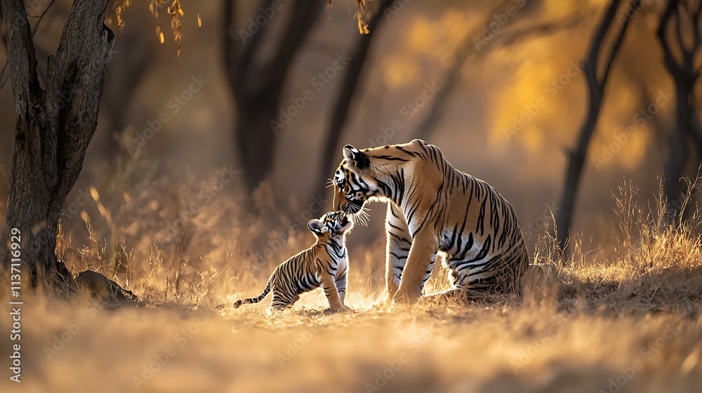 Fototapeta premium Mother Tiger and Cub at Golden Hour in the Woods