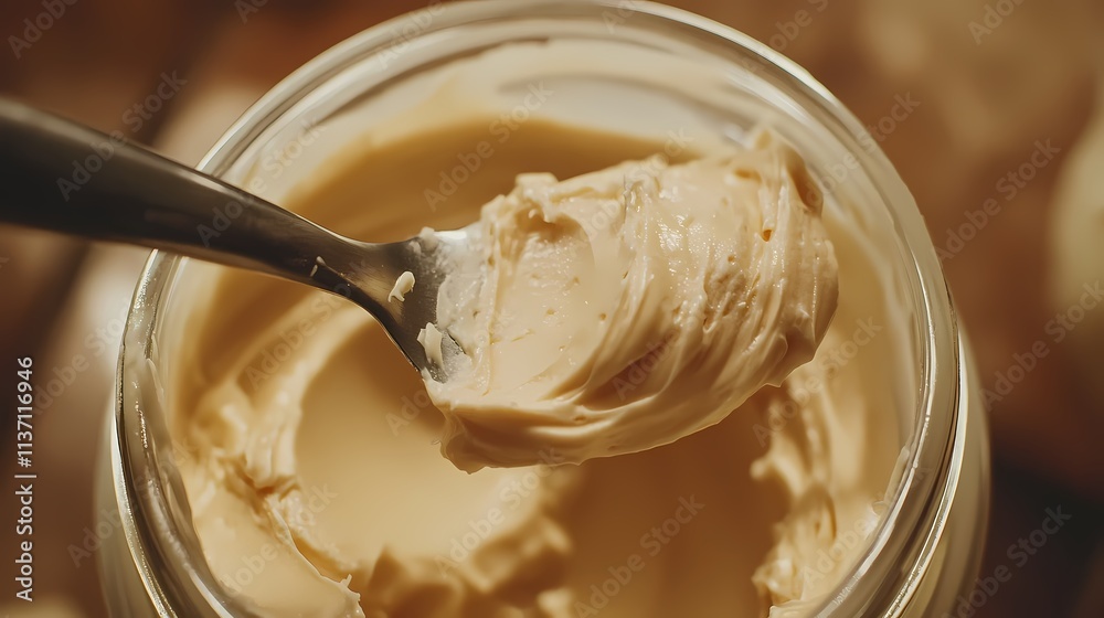 Close-up of a spoon scooping creamy, light brown substance from a glass jar. Close-up of a spoon scooping creamy, light brown substance from a glass jar.