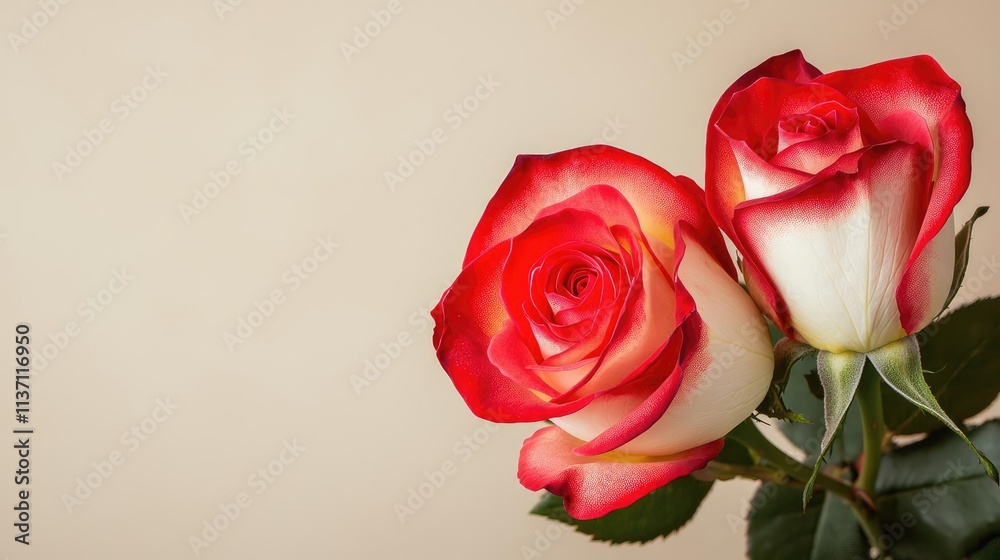 Valentine rose idea. Beautiful red and white roses arranged elegantly on a soft beige background. Valentine rose idea. Beautiful red and white roses arranged elegantly on a soft beige background.