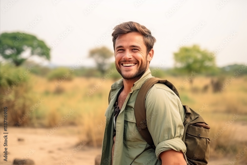 Handsome young man with backpack standing in the field and smiling Handsome young man with backpack standing in the field and smiling