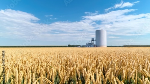 Wheat sustainability concept. Golden wheat field with a grain elevator under a bright blue sky and fluffy clouds.