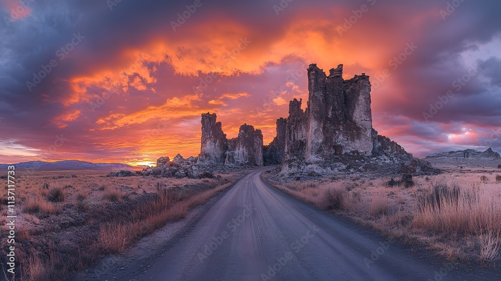 Obraz premium Desert highway&nbsp;stretches to horizon, flanked by majestic rock&nbsp;formations under vibrant sunset sky. Orange&nbsp;and purple hues paint the landscape, creating dramatic shadows&nbsp;on ancient stones.