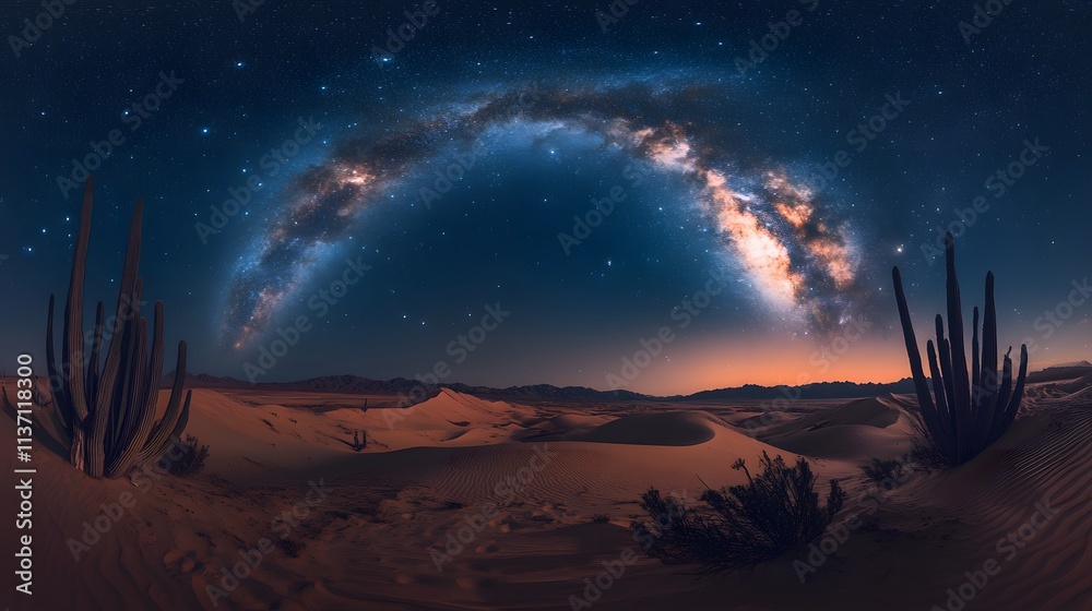 Obraz premium Desert&nbsp;landscape under starry night sky, featuring&nbsp;silhouettes of tall cacti and detailed sand dunes. Milky Way arcs&nbsp;overhead while moonlight illuminates&nbsp;dune contours.