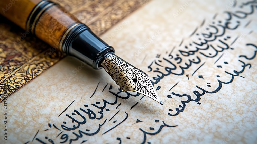 Ornate Fountain Pen Resting on Arabic Calligraphy Ornate Fountain Pen Resting on Arabic Calligraphy