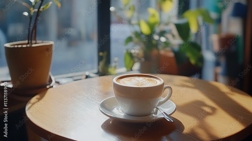 A Latte Art Coffee On Wooden Table In Cafe A Latte Art Coffee On Wooden Table In Cafe