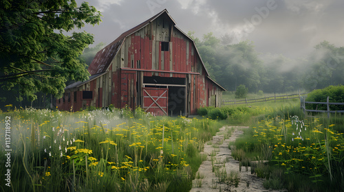 Charming Rustic Barn Amidst Verdant Countryside with Wildflowers and Dirt Pathway Leading to Weathered Red Structure photo