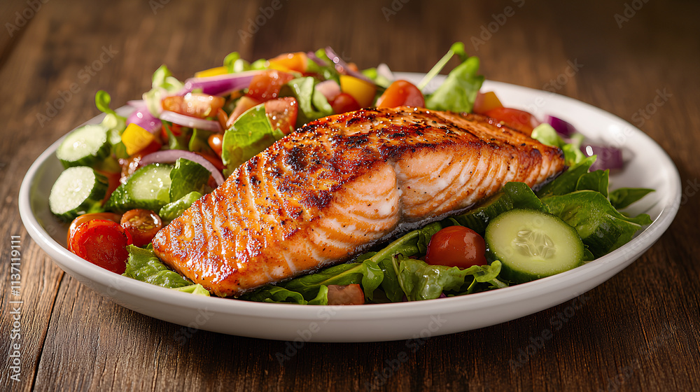 Grilled Salmon Fillet with Crisp Edges and Fresh Mixed Green Salad
Grilled Salmon Fillet with Crisp Edges and Fresh Mixed Green Salad
