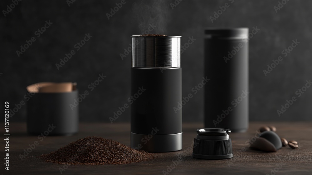 A set of coffee-making tools including a grinder and coffee powder arranged on a dark surface. The moody, minimalistic setup is perfect for coffee professionals and enthusiasts alike, emphasizing high A set of coffee-making tools including a grinder and coffee powder arranged on a dark surface. The moody, minimalistic setup is perfect for coffee professionals and enthusiasts alike, emphasizing high