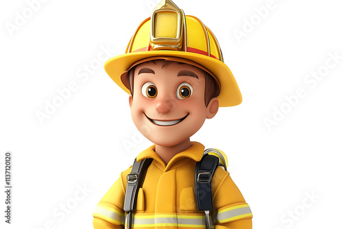 A cheerful cartoon firefighter in a yellow uniform and helmet, ready for action.