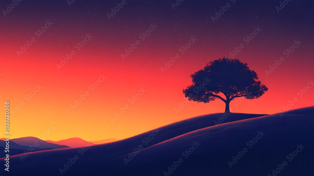 Lone tree silhouette on hilltop against gradient sunset sky. Sharp black outline contrasts with orange-purple backdrop, creating peaceful minimalist composition. Lone tree silhouette on hilltop against gradient sunset sky. Sharp black outline contrasts with orange-purple backdrop, creating peaceful minimalist composition.