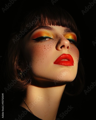 A female model with bold makeup, confident expression, dramatic studio lighting, black background, photo