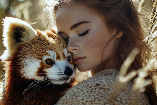 Zoo keeper and red panda sharing a sweet moment in the midst of nature
