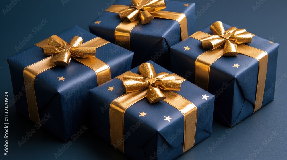 Four Navy Blue Gift Boxes with Gold Ribbons and Stars Four Navy Blue Gift Boxes with Gold Ribbons and Stars