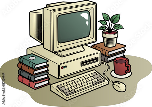 a nostalgic vintage computer setup with a CRT monitor, keyboard, mouse, floppy disk drive, stacks of books, a potted plant, and a coffee mug