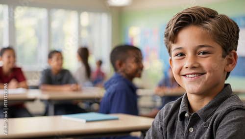 a 10-year-old boy sits and smiles at the camera, with a blurry classroom background