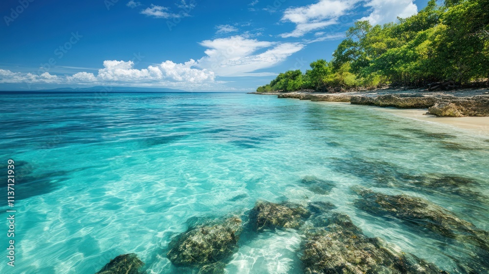 Tropical Beach Scene With Clear Water And Lush Green Foliage Tropical Beach Scene With Clear Water And Lush Green Foliage