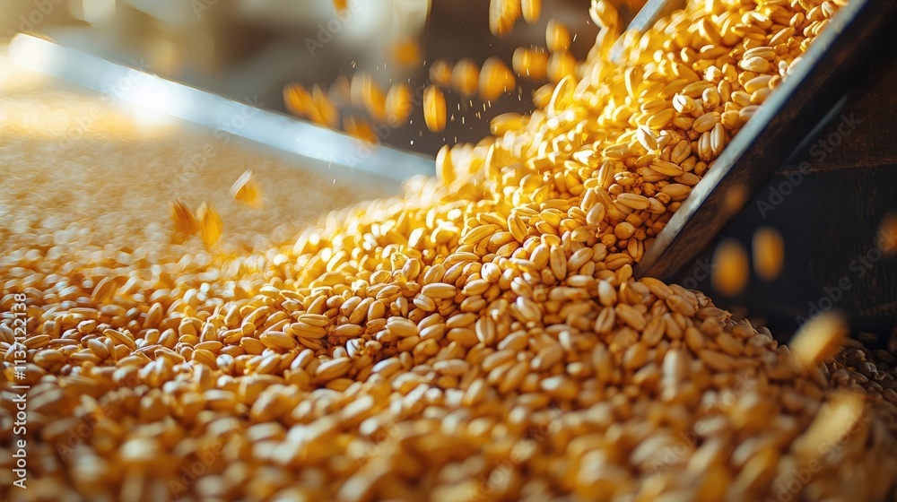 Wheat sustainability concept. Golden grains spilling from a chute, showcasing the beauty of harvest and agriculture. Wheat sustainability concept. Golden grains spilling from a chute, showcasing the beauty of harvest and agriculture.